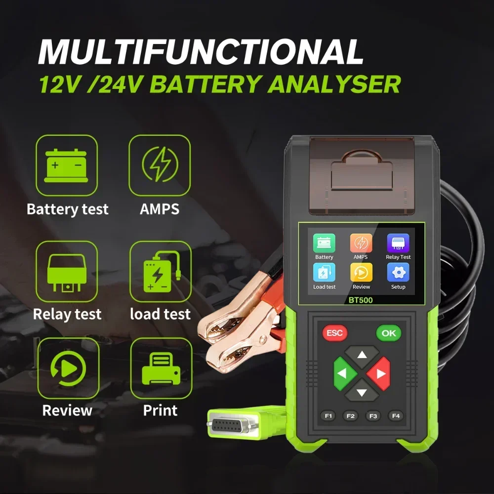 Topdiag BT500 Car Battery Tester 2V 24V Leakage Detect Added Data Printing Function Load Relay Test Auto Battery Analyzer