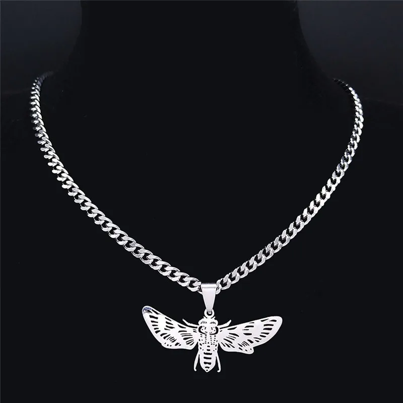 Punk Animal Moth Stainless Steel Choker Necklace Women/Men Silver Color Pendant Necklace Jewelry accesorios mujer N3800S06