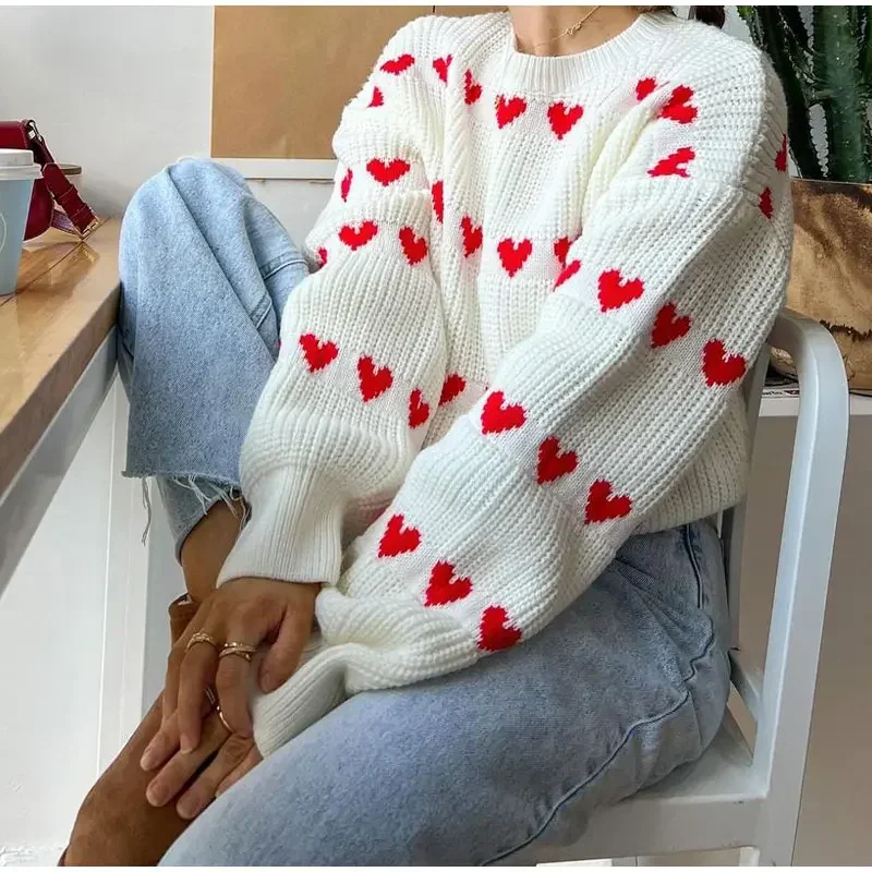 Round Neck Long Sleeved Heart-shaped Women Sweater Autumn Winter Knitwear Soft Warm Tops Chic Solid Femme Sweater