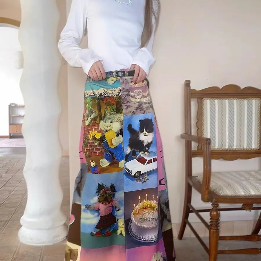 

All Over Print Cat Cake Birthday Pattern Long Skirt Casual Wear Happy Birthday Outfit Whimsical Petcore 2025 Aesthetic Fashion