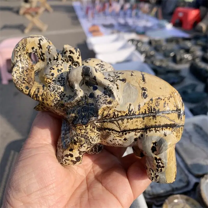 

Natural Picture Stone Elephant Carving Polished Animal Powerful Statue For Home Decoration Gift 1pcs
