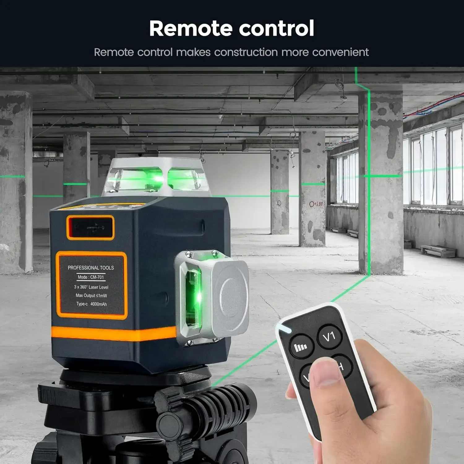 Laser Level Self Leveling 3x360° 3D Green Cross Line for Construction and Picture Hanging,Rechargeable battery,Remote Controller