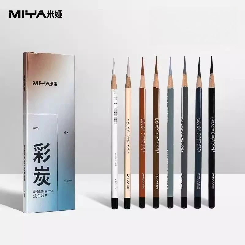 MIYA Colorful Charcoal Pencils 8 Mixed Colors Set 4mm Soft Core Sketching Pencils Black White Brown Grey Skin Colors Included