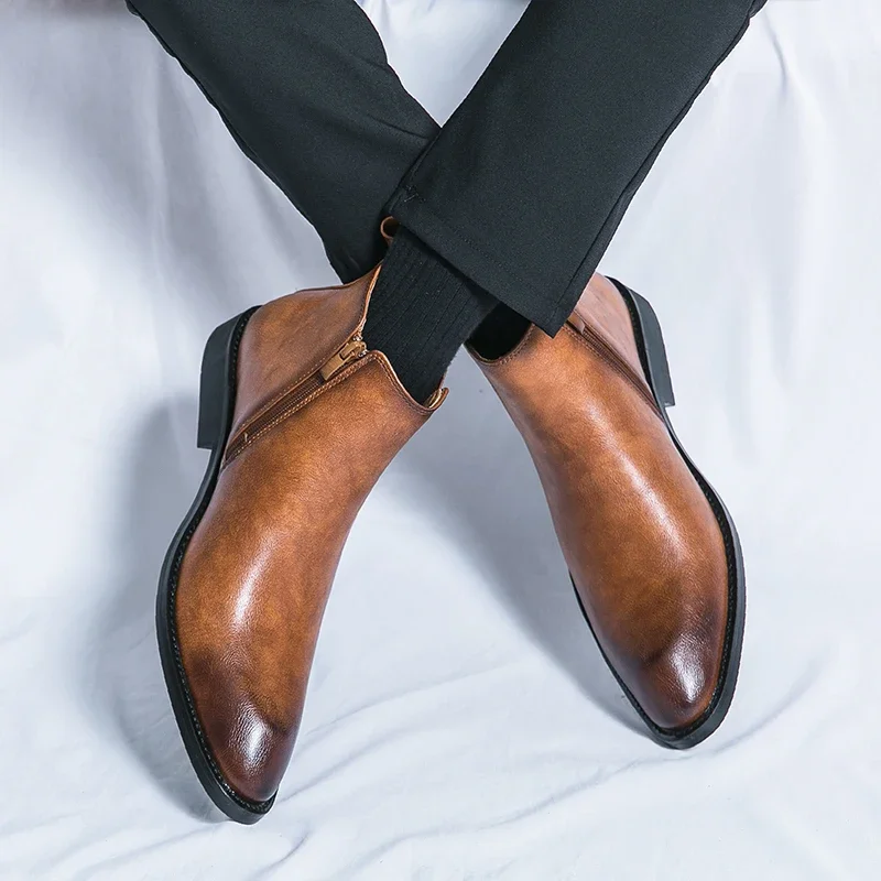 Luxury Brand British Style High Top Leather Ankle Boots for Men Chelsea Boots Casual Dress Shoes Side Zipper Men's Formal Boots