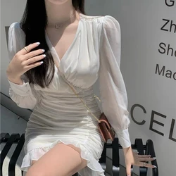 2024 Autumn New French Light Mature Style Bubble Sleeves White Dress with Female Design Sense Wood Ear Chiffon Skirt