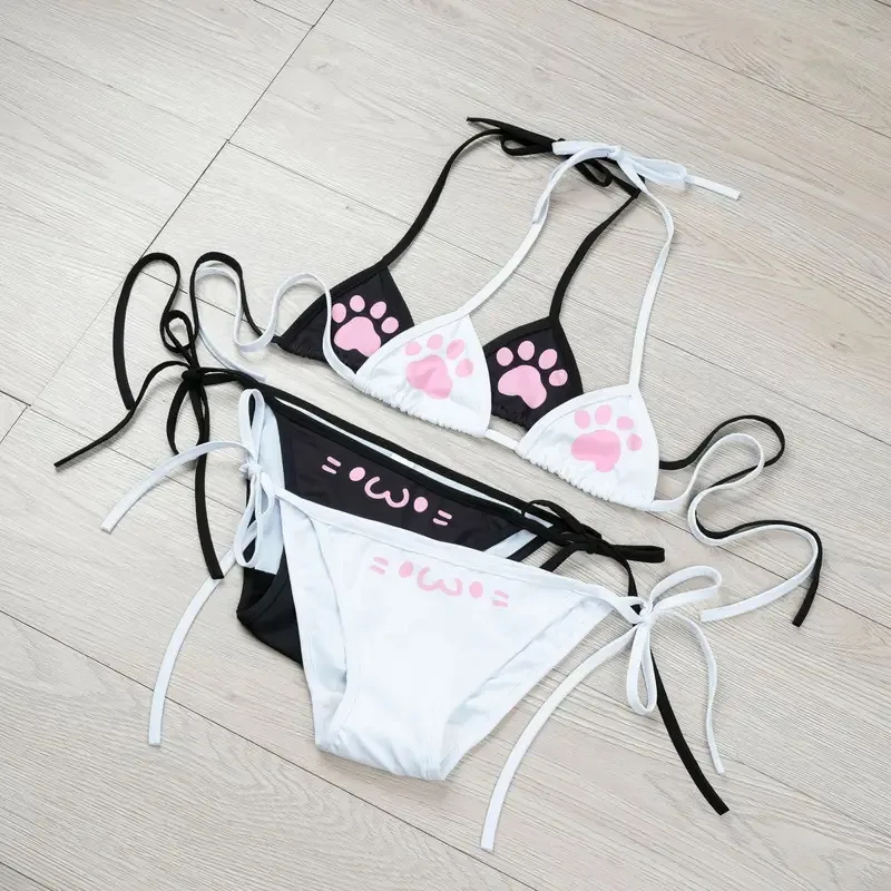l2025l New Anime Kawaii Girl Cute Cat Paw Bikini Swimsuit Women Claw Pattern Three Point  Underwear Set Costume Cosplay