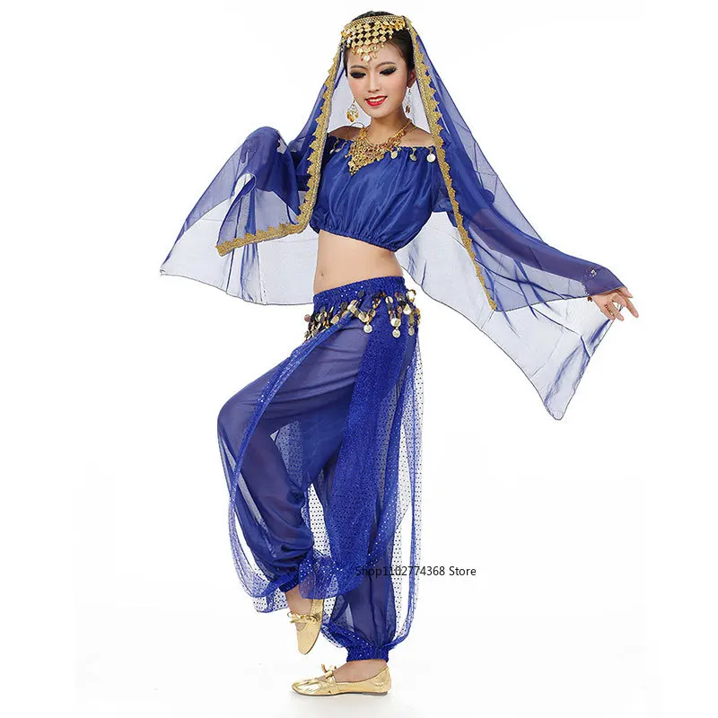 

Женский костюм для танца живота, индийский арабский Болливуд, вуаль с монетой, топ, шаровары, сценический костюм на Хэллоуин, рейв-наряд, косплей