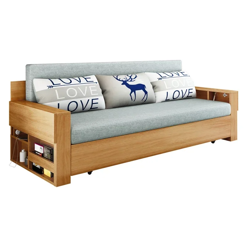 sofa bed dual-purpose solid wood foldable sitting and lying, simple push-pull storage living room, small double multi-functional