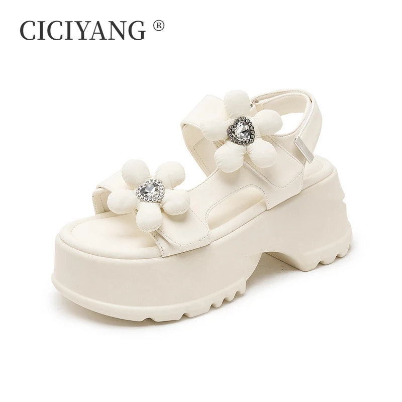 

CICIYANG Sandals Women Summer 2024 New Fashion 8cm High Heels Platform Flower Sandals Ladies Open-toe Shoes Black Beige