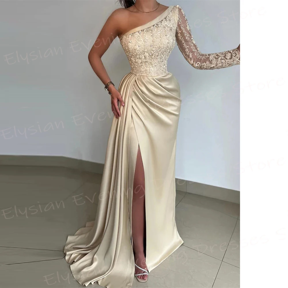 

Elegant Women's Mermaid Charming Evening Dresses Popular One Shoulder Prom Gowns Sexy Side Split Lace Appliques Vestido De Noche