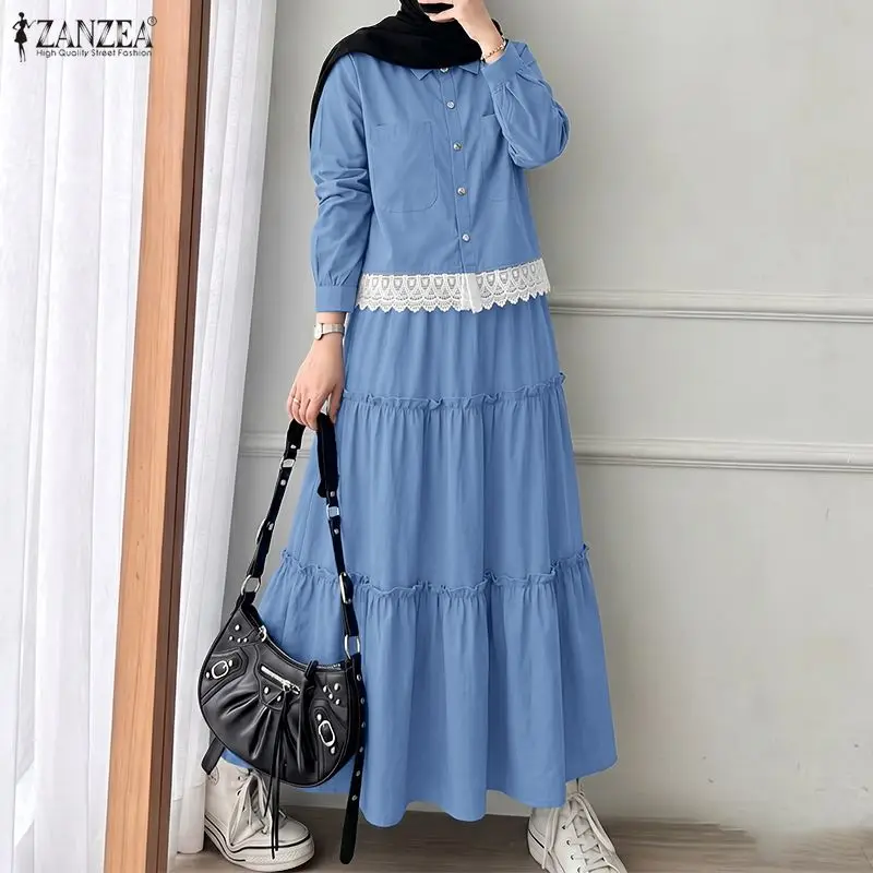 Women Muslim 2 Pieces Sets Autumn Outfits ZANZEA Lapel Neck Long Sleeve Lace Trim Shirt Dress Sets Elegant Skirt Suit Ramadan