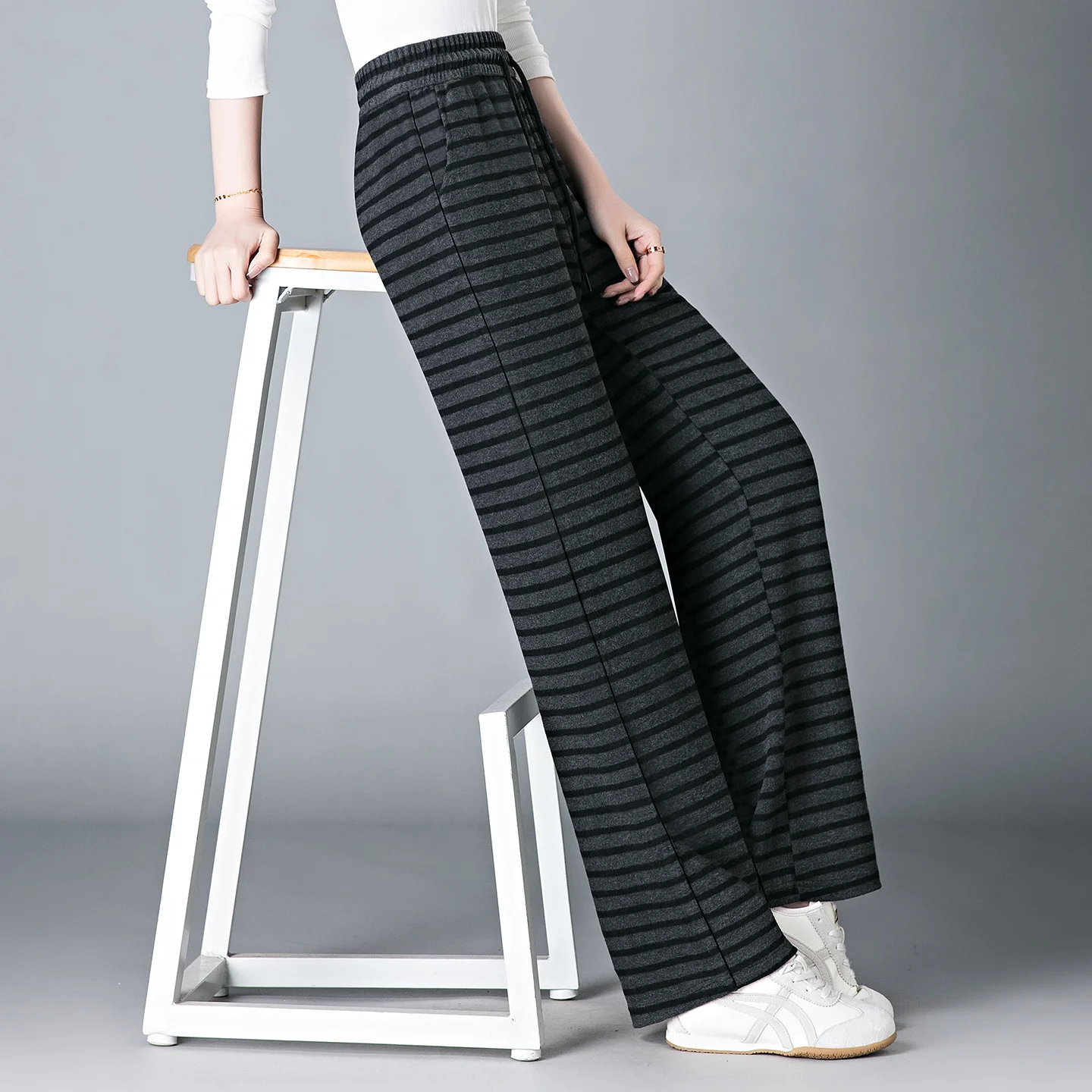 New Women'S Autumn Winter High Waisted Slimming And Age Reducing Trousers Striped Fashion Versatile Straight Leg Wide Leg Pants