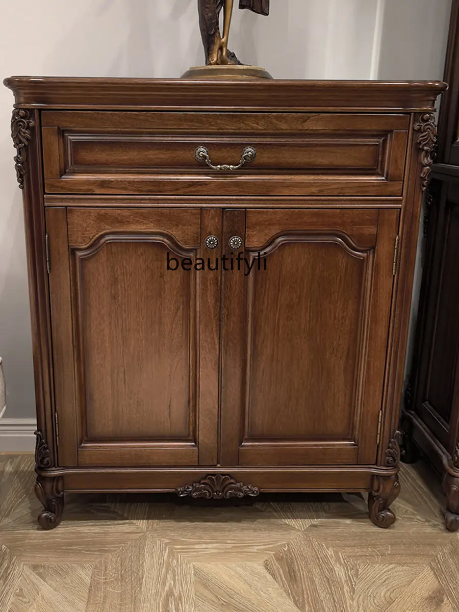 

Black Walnut Wooden Shoe Cabinet Two-Door Solid Wood Living Room American Locker Entrance Cabinet Hall Cabinet