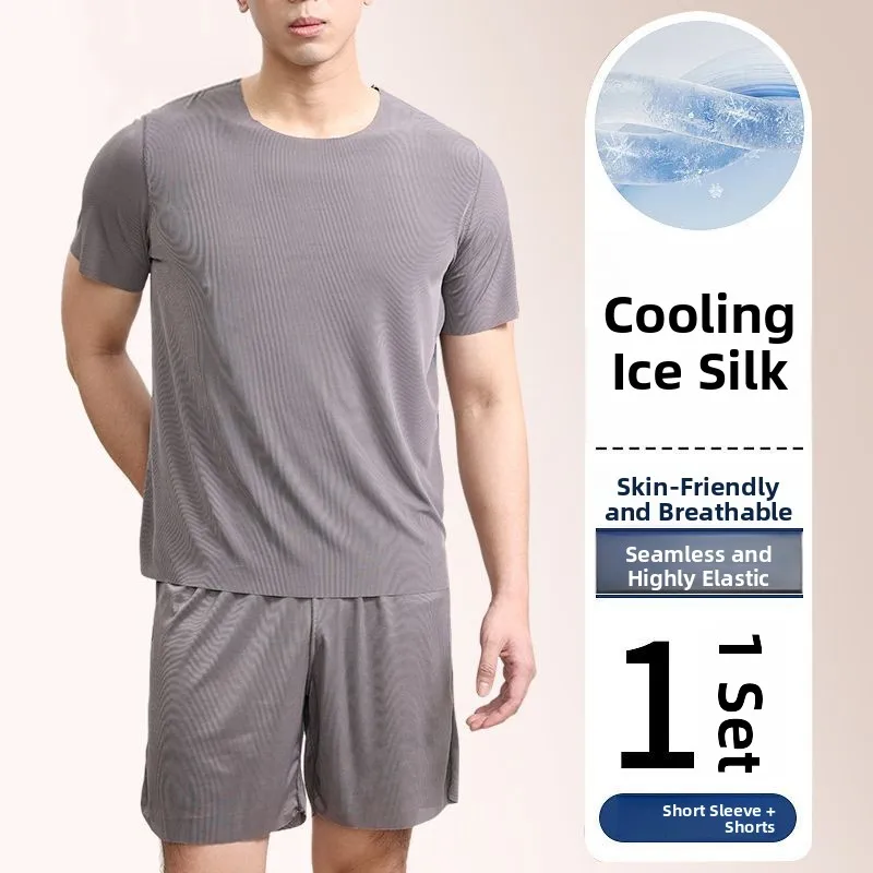 Pijama Masculino de Verão em Seda Gelada, Conjunto de Duas Peças com Camiseta de Manga Curta e Shorts, Estilo Coreano Fino e ...
