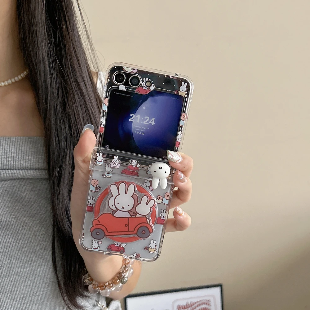 Kawaii Cute Cartoon Miffy Rabbit Magnetic Holder Wireless Charge Phone Case For Samsung Galaxy Z Flip 8 7 6 5 Hard TPU Cover