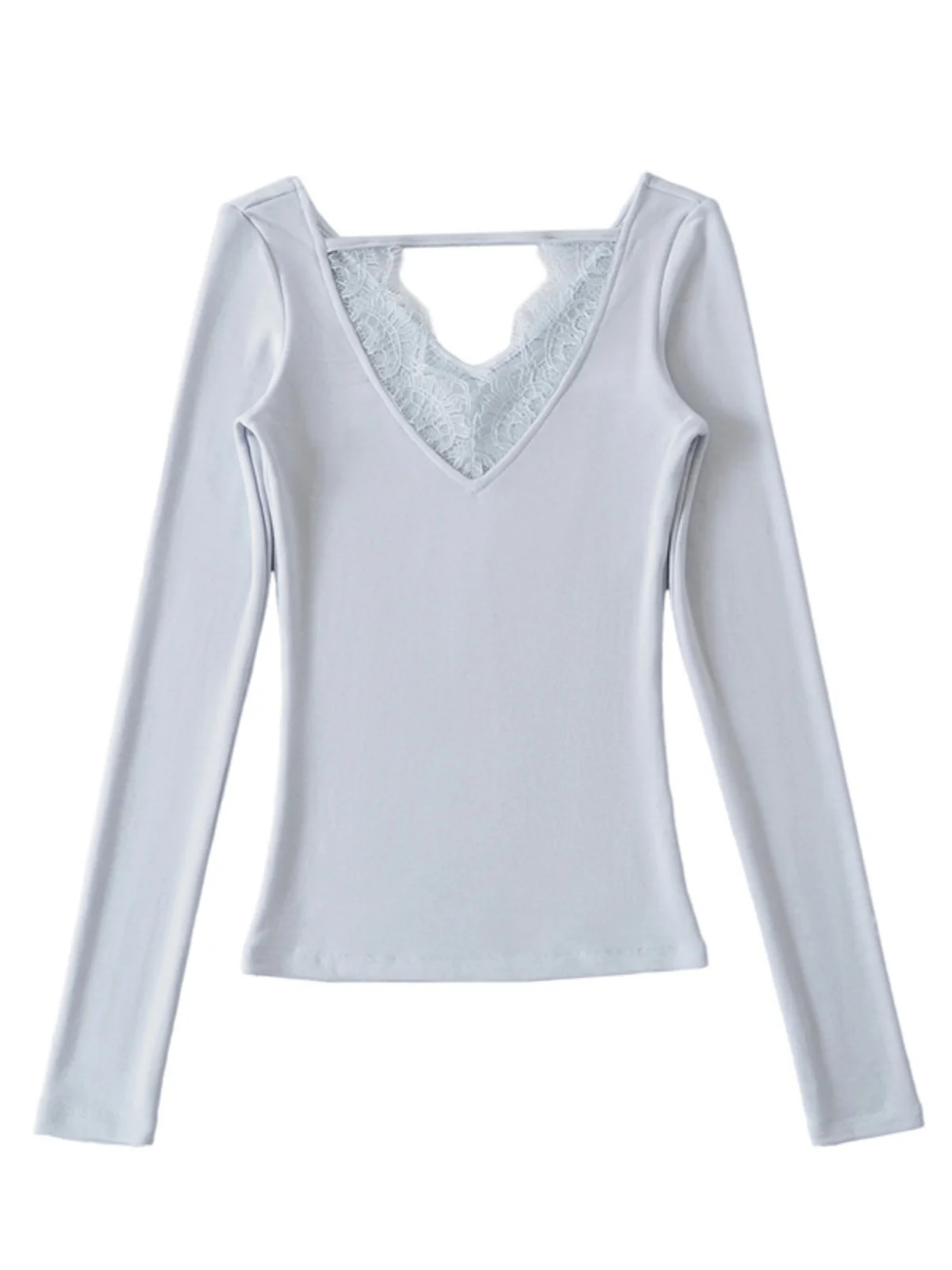 달콤하고 우아한 순수한 욕망 스타일 긴 소매 티셔츠 레이스 패치워크 브이넥 슬림핏 베이스 레이어 탑 스트리트 스타일 숏 길이