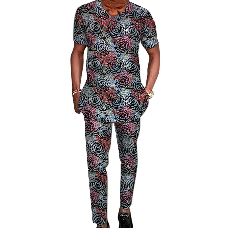 Nigerian Fashion Men\'s Short Sleeve Tops+Trousers African Wax Colorful Print Male Pant Suits Wedding Party Garment