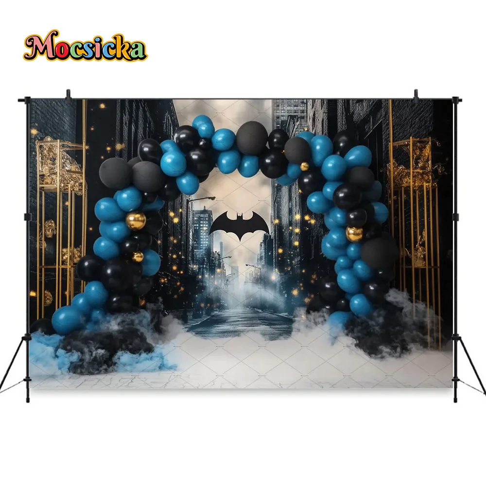 Mocsicka بنين 1st حفلة عيد ميلاد التصوير خلفية أزرق أسود قوس بالون مدينة الخفافيش خلفية الاطفال كعكة سحق استوديو الصور