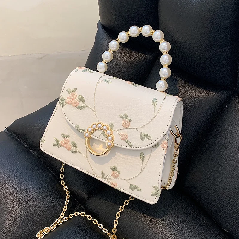 Women Crossbody Bag Flower Embroidery Pearl Chain Decor Pu Leather Female Shoulder Bag Spring Summer Fashion Flap Handbag