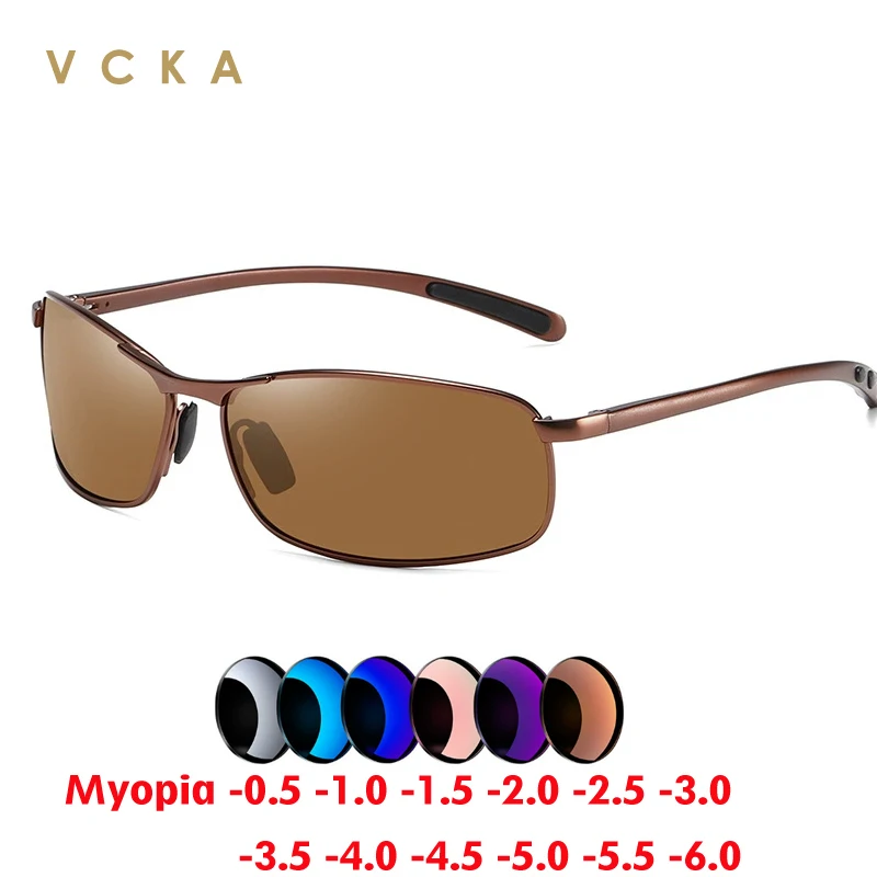 VCKA Polarized Myopia Sunglasses Square Aluminum-magnesium Prescription Glasses Men Women Optics Driver driving -0.50 to -6.0