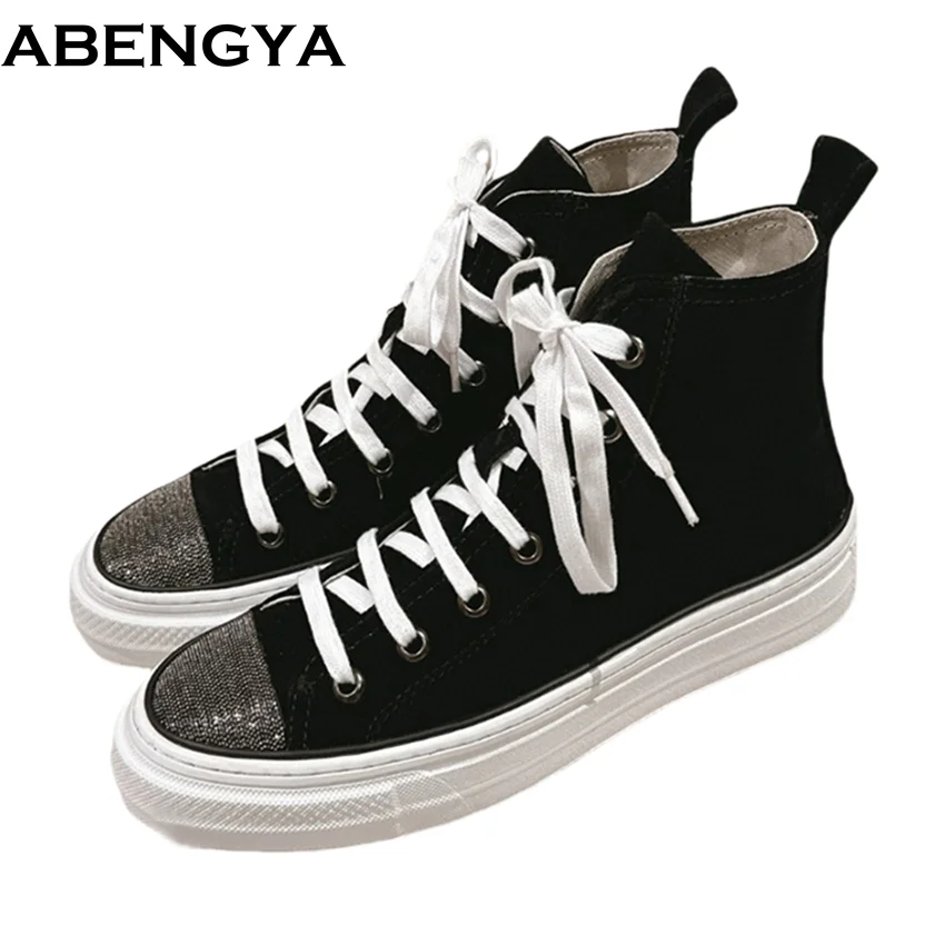 

Spring Sneakers Women High Top Canvas Running Shoes String Bead Suede Leather Lace Up Casual Flat Shoes For Woman 2025