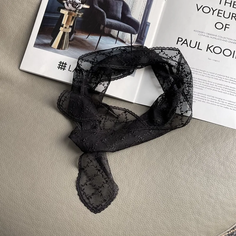 Han Fansen Bufanda de seda de encaje Diadema para mujer Streamer versátil Ins Pañuelo para la cabeza de moda Flor hueca decorativa