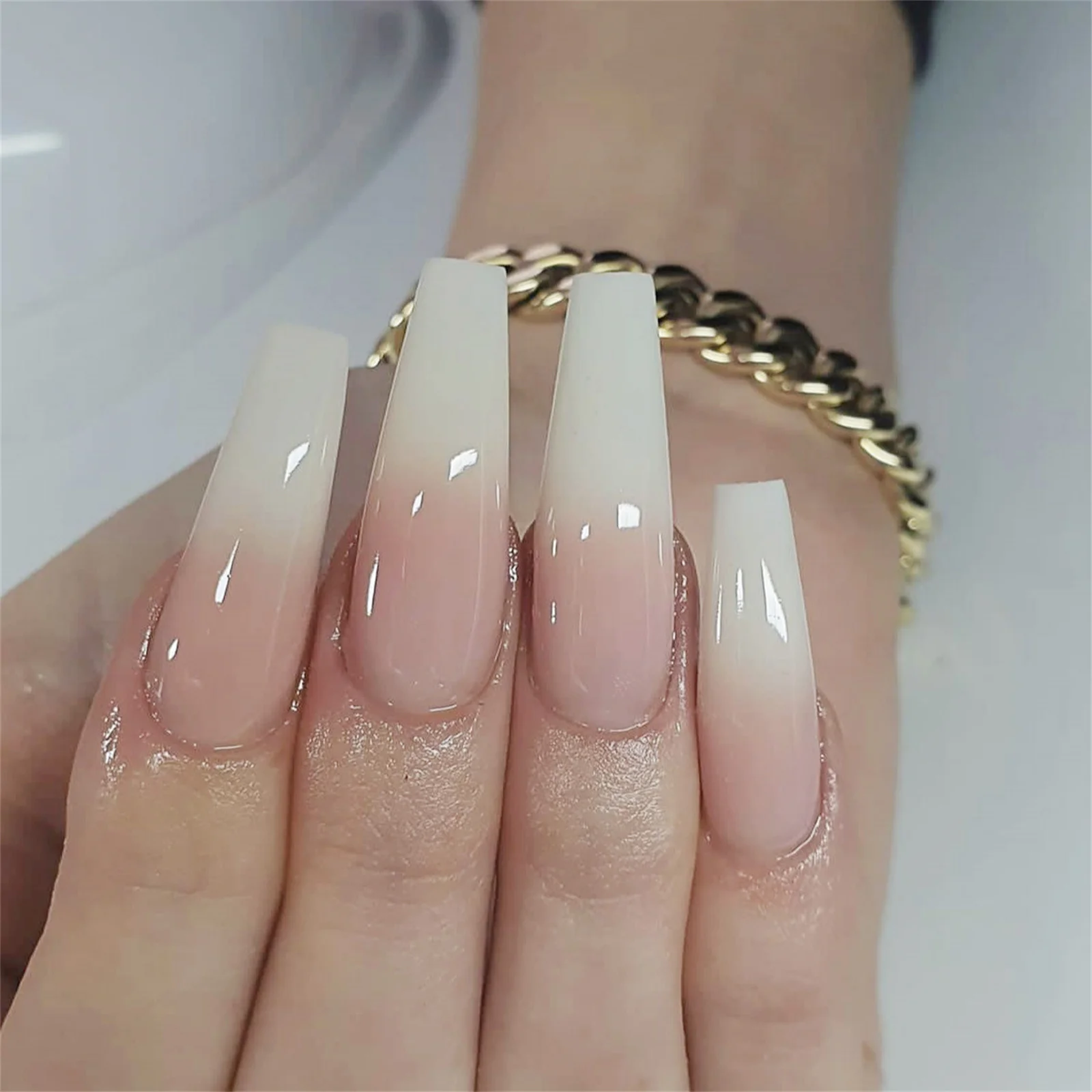 Long Ballerina Fake Nails for Women and Girls 24Pcs Gradient Nude Color Coffin Press On Nails Simple DIY Wedding Nails Art