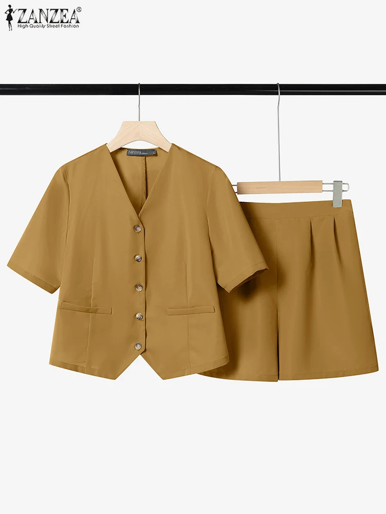 

ZANZEA женские короткие комплекты 2025 топы с короткими рукавами шорты с эластичной резинкой на талии элегантные офисные наряды повседневные платья костюмы одинаковые комплекты