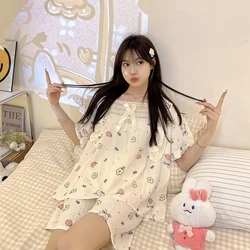 Korean Y2k Sweet Ins Cartoon Kawaii Women's Pajamas Square Neck Bow Lace Short Sleeve+shorts Sets 2024 New Summer Cute Nightgown