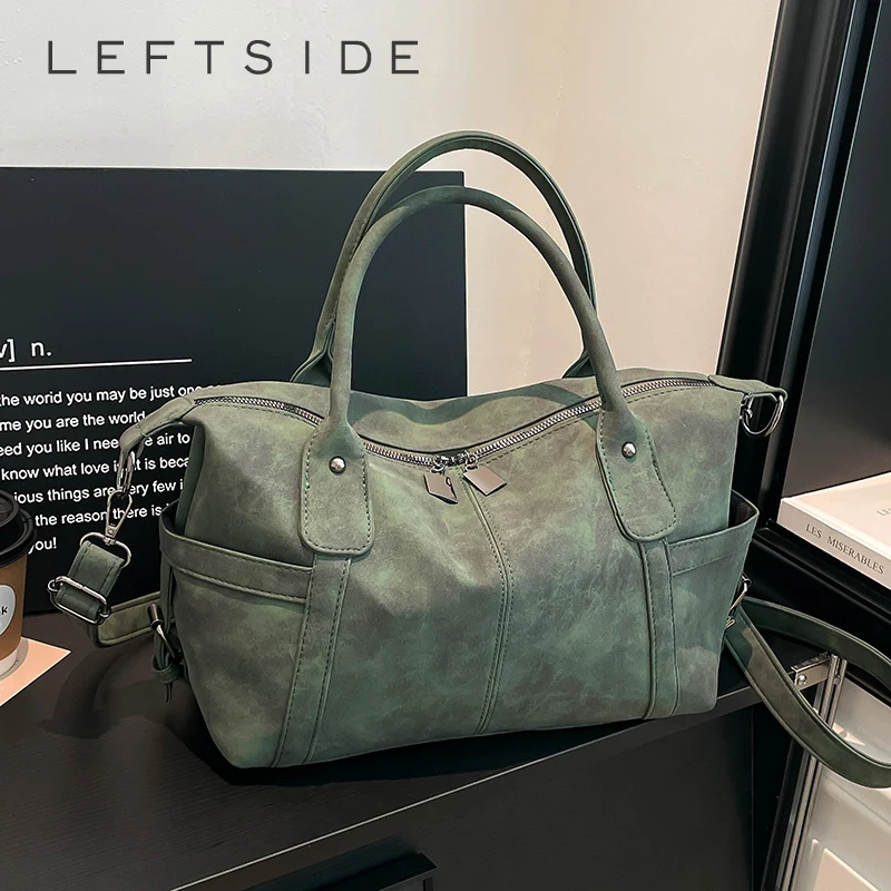 

LEFTSIDE Women's Vintage Leather Large Capacity Tote Bag Retro Casual Aesthetic Daily Travel Shopping Shoulder Bag 2026 Handbags