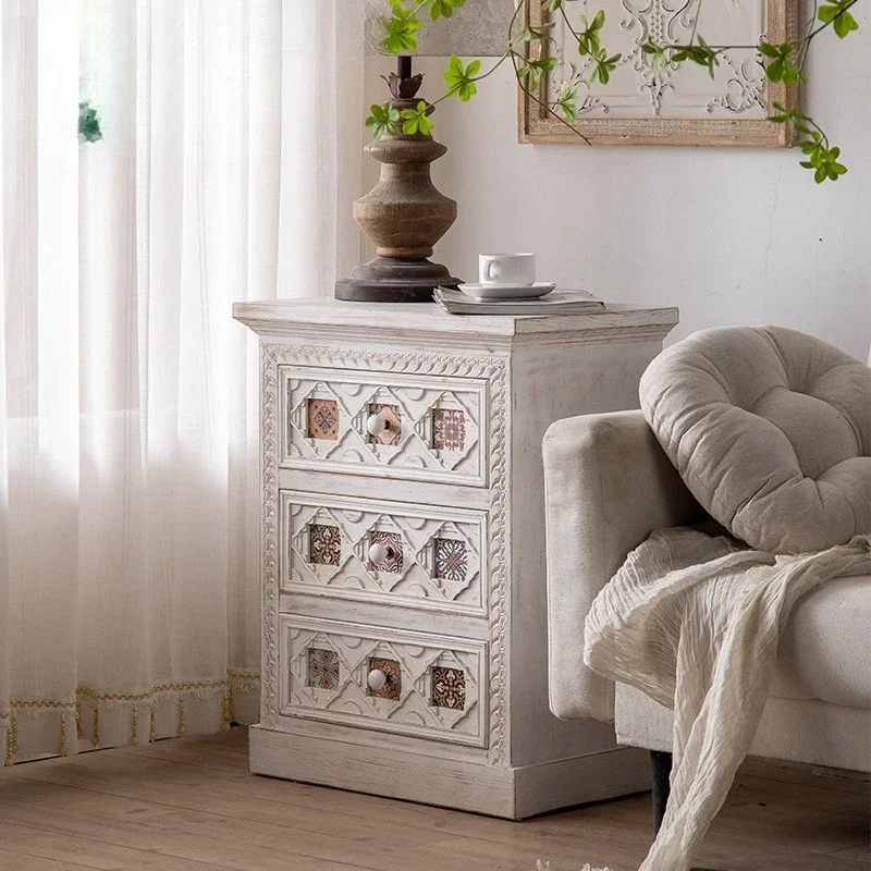 painting, retro drawer chest, American pastoral bedside table, storage cabinet, bedroom living room, solid wood side cabinet