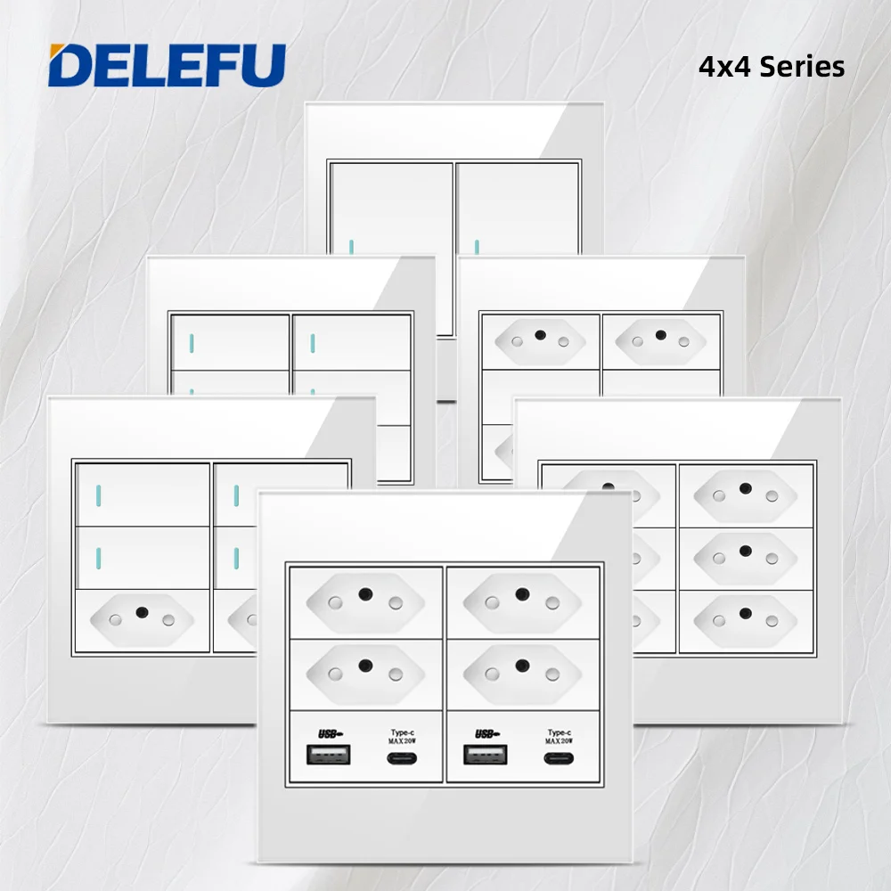 DELEFU-Panneau en verre arrang4 x 4, prise standard brésilienne, double USB Type C, prise de courant murale, interrupteur d'éclairage de bureau, blanc, 10A, 20A