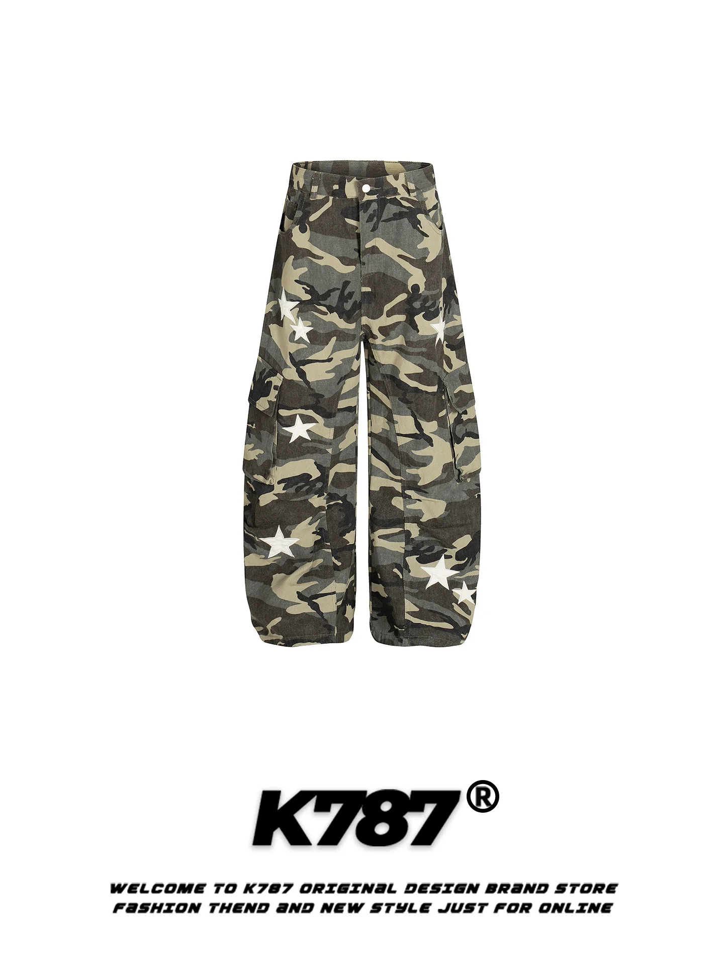 

Мужские повседневные брюки K787 в американском уличном стиле с камуфляжным принтом и вышивкой звезд, широкие, с высокой талией, свободного кроя, рабочие штаны
