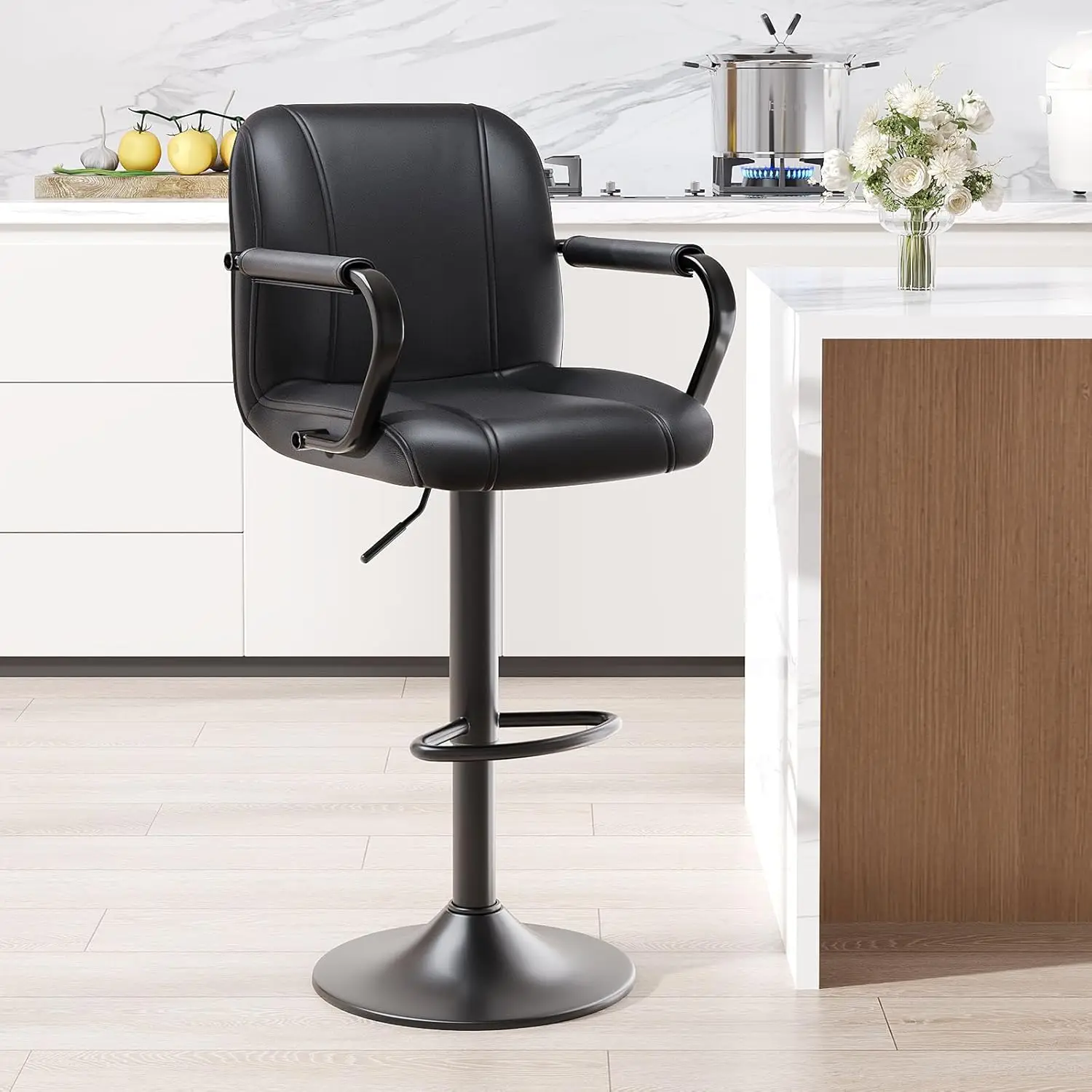 

Swivel Bar Stool with Back and Armrest, PU Leather Kitchen Counter Chair for Island, Black