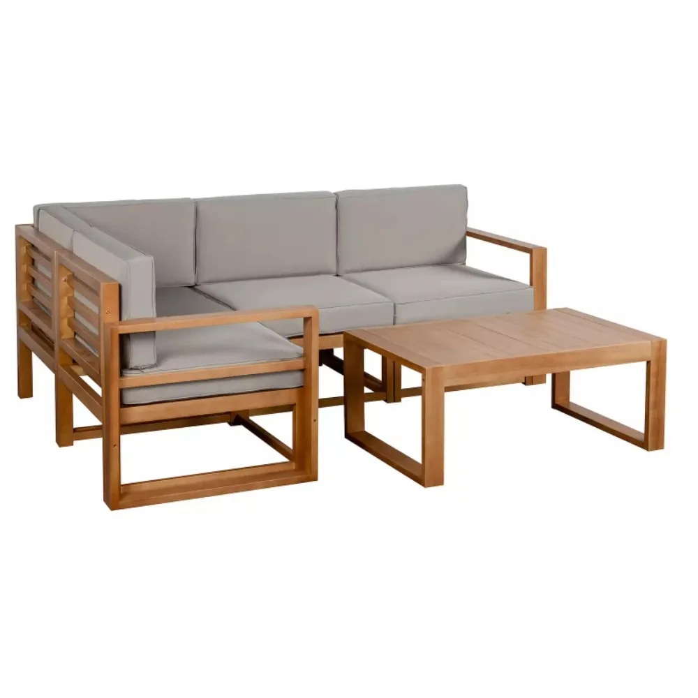 

XMSJ 4 Seater L Shaped Patio Furniture Set, Wood Outdoor Sectional Sofa Conversation Set with Coffee Table