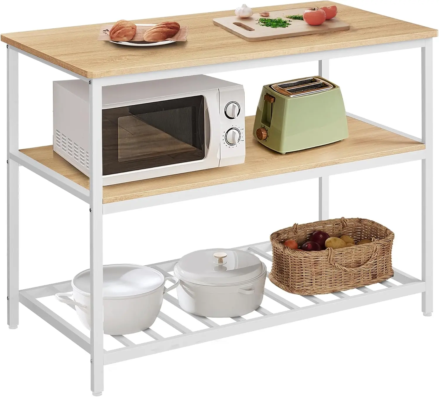 Kitchen Island 3 Shelves 47.2 Inch Width Kitchen Shelf Large Worktop Stable Steel Structure Industrial Easy Assemble Oak Color W
