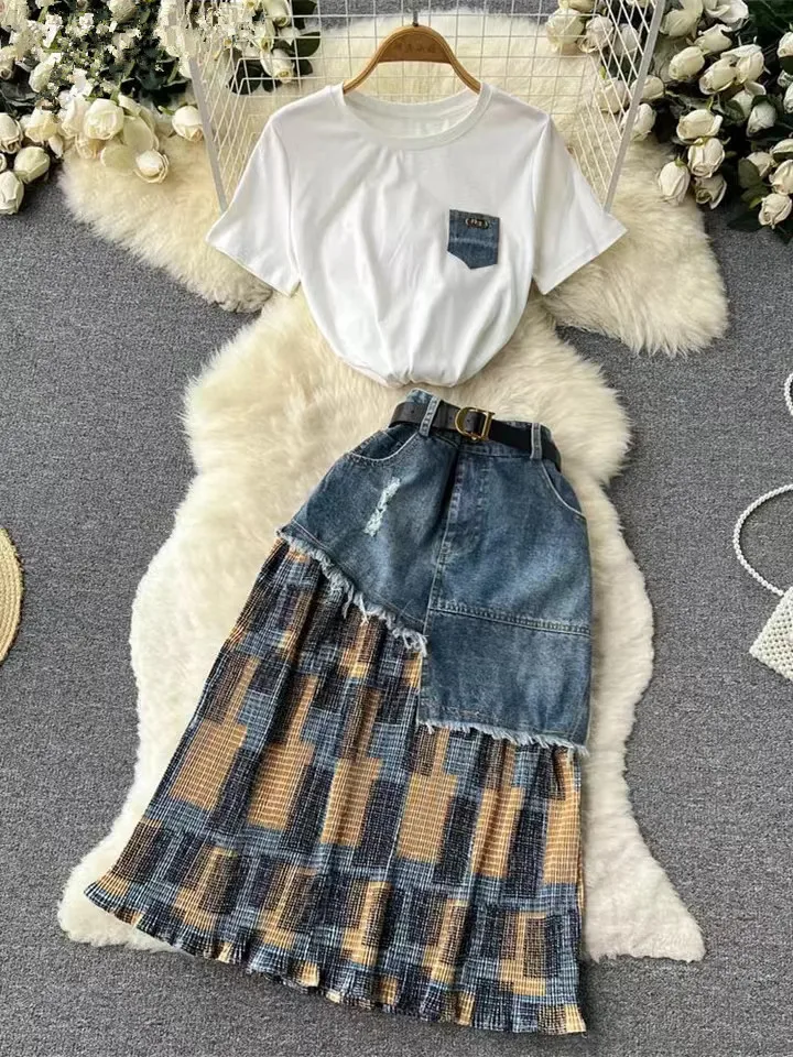 2022 Zomer Jeans Rok Pak Vrouwen Nieuwe T-shirt Met Riem Kwastje Retro Printing Mid Calf Denim Rok 2 Delige Set outfits Vrouwelijke