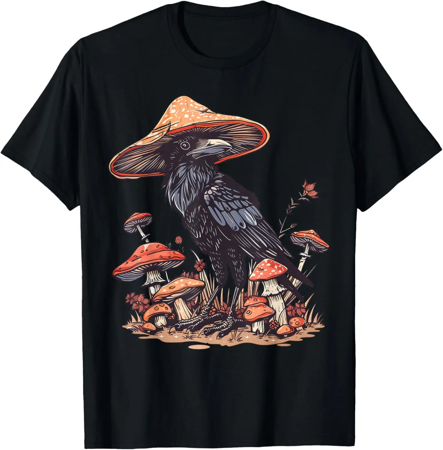 

Mushroom Hat Raven Graphic Tee Cottagecore Aesthetic Bird Print Short Sleeve T-Shirt Unisex Daily