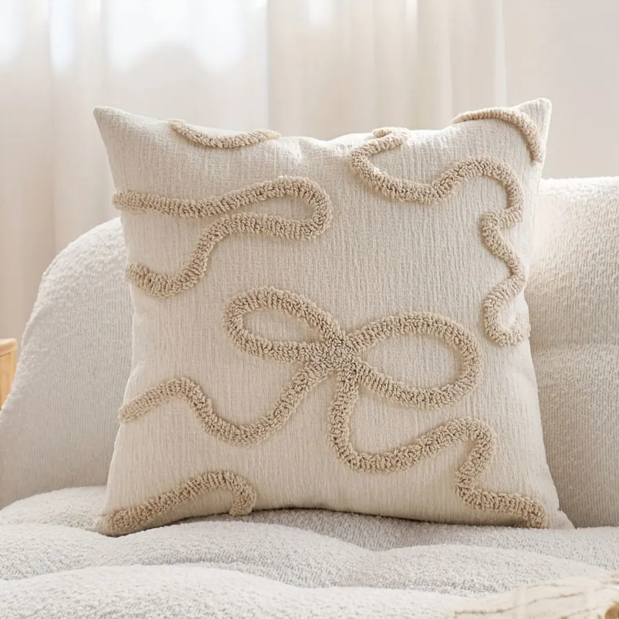 Bow Pillow Cover Ultra Soft Chenille Throw Pillow Cover for Sofa Living Room Nordic Style Tufted Decorative Cushion Cover