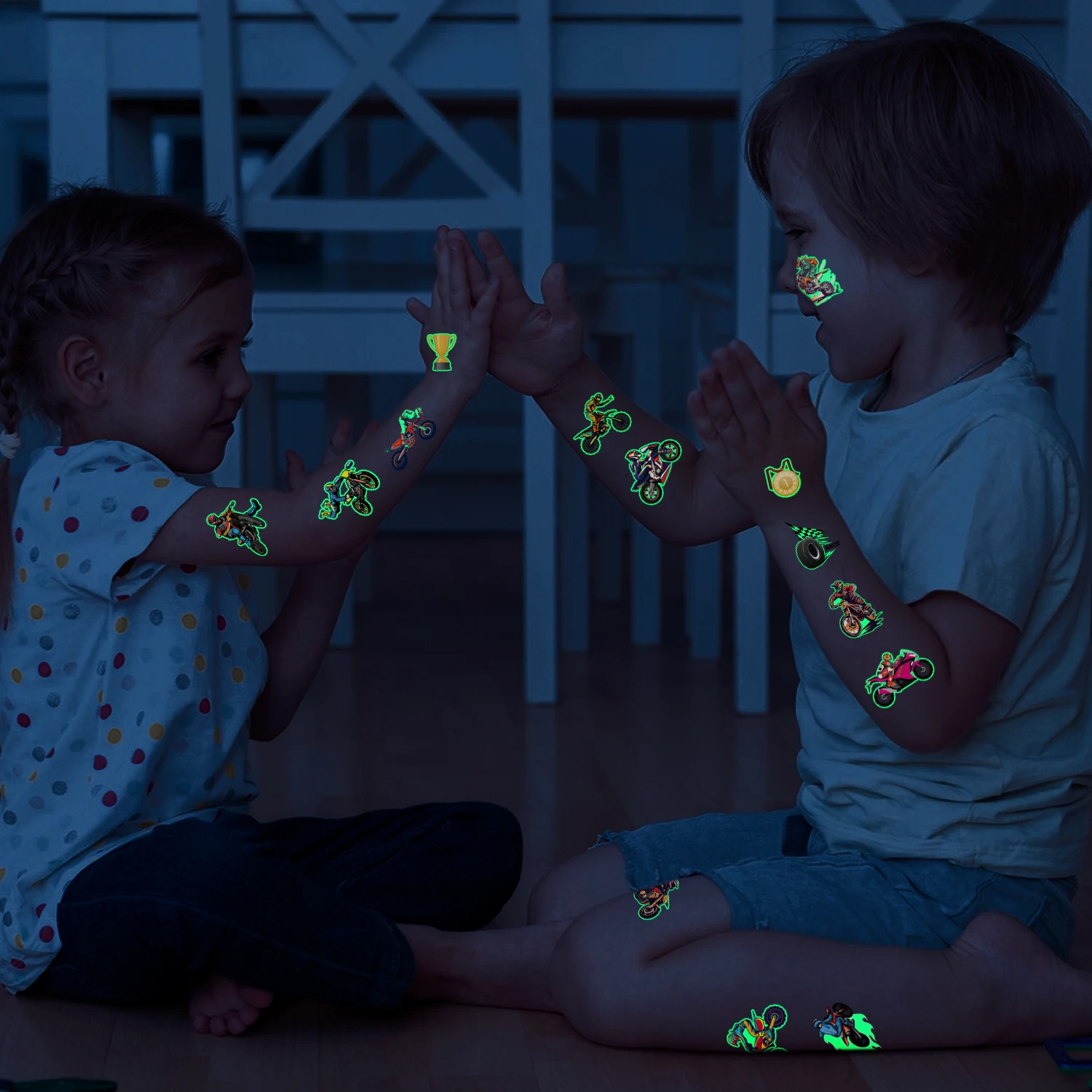 10 Glow-in-the-Dark Motorcycle-Themed Temporary Tattoos, which can be used as themed decorations, gifts and prizes