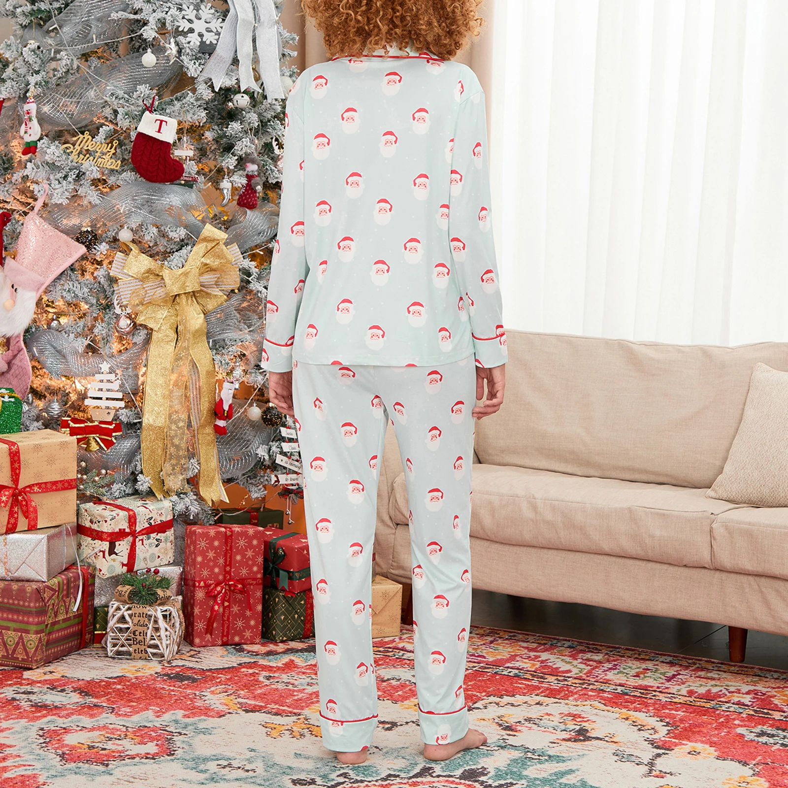 Family Matching Christmas Pajamas Sets Santa Claus Print Long Sleeve Button Shirts with Pants Holiday Pajamas Sleepwear