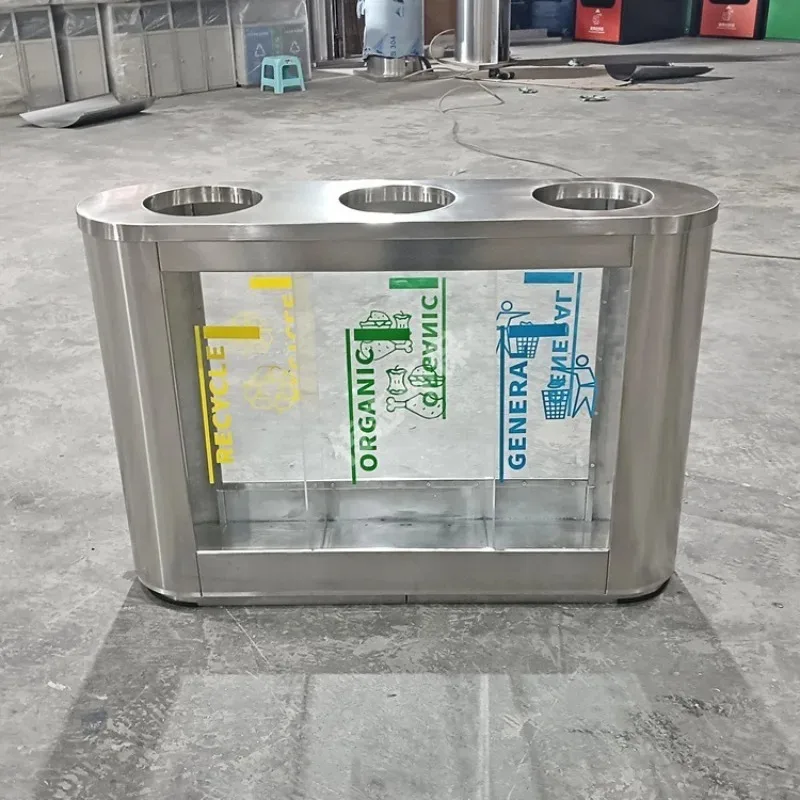 Indoor foreign trade transparent commercial acrylic board triplet stainless steel sorting trash can public place recycling box