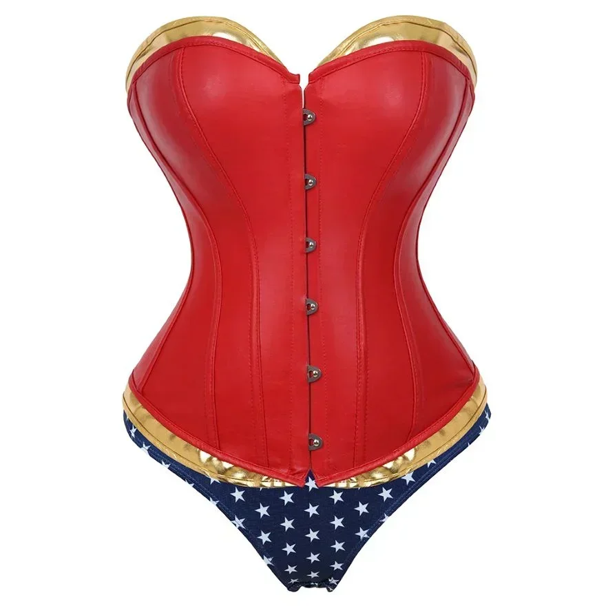 Women Fashion Corset Sexy Leather Overbust Bustier Steampunk Woman Red Faux Leather Up Corset Burlesque Costume Plus Size