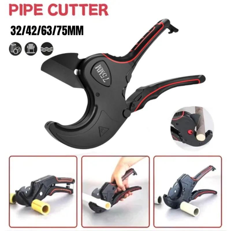 Heavy Professional Pipe Cutte 32mm-75mm Pipe Cutter - Ratchet Scissors for Cutting PVC/PU/PP/PE Hoses with Aluminum Alloy Body