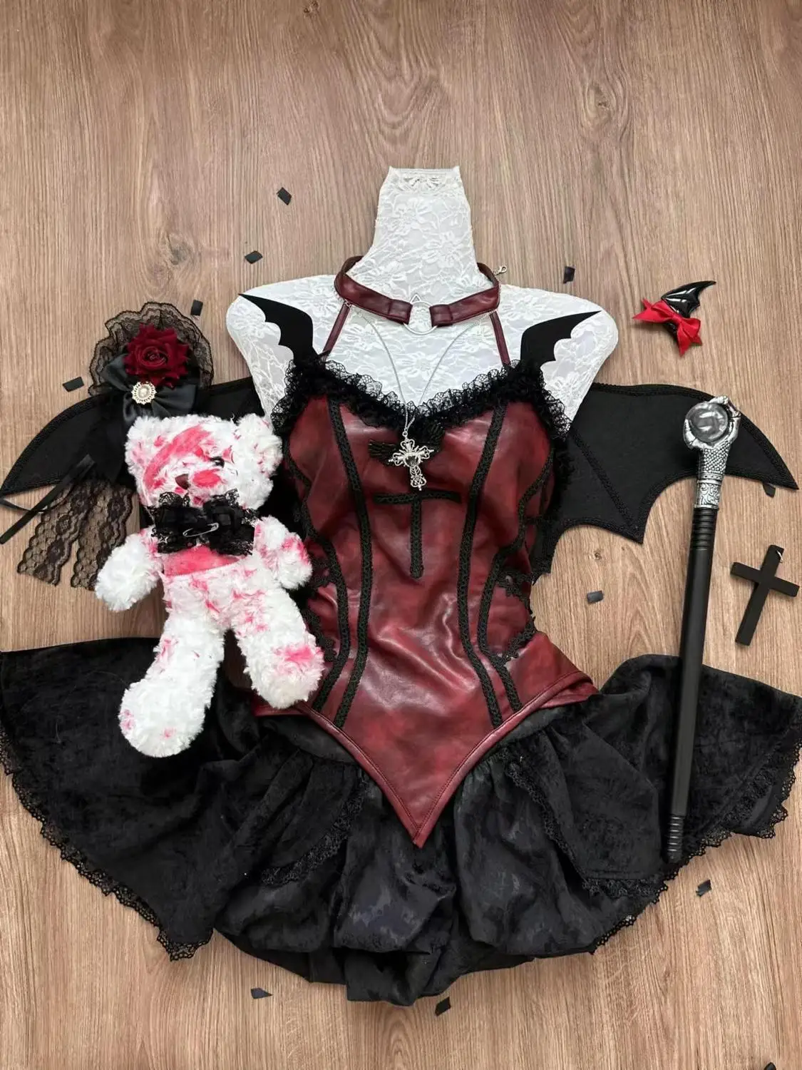 Winter Lolita Y2k Halloween New Two Piece Set Women Vintage Lace Vest+blakc Cake Skirt Female Cosplay Gothic Retro Suit 2024