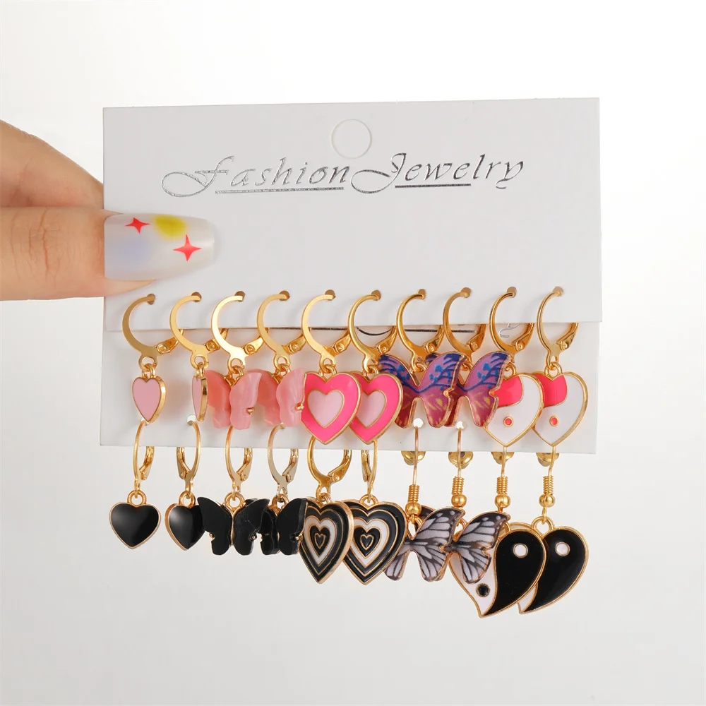 17KM Metal Butterfly Heart Hoop Earring Set for Women Girls Fashion Colorful Drop Oil Dangle Earrings New Trend Jewelry Gifts
