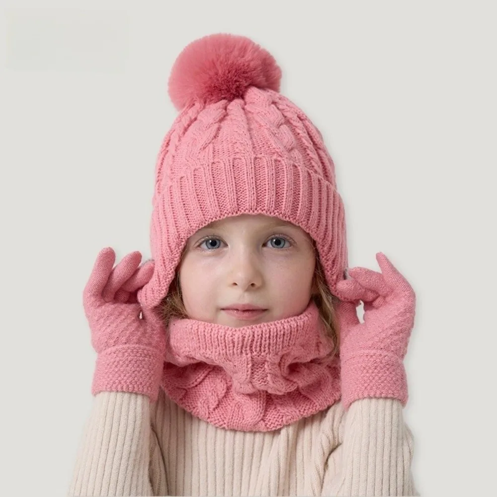 

Casual Solid Color Baby Hat Scarf Gloves Set Warm Ears Cute Pompom Toddler Knitted Hats Keep Warm Thickened Hat Set Outdoor