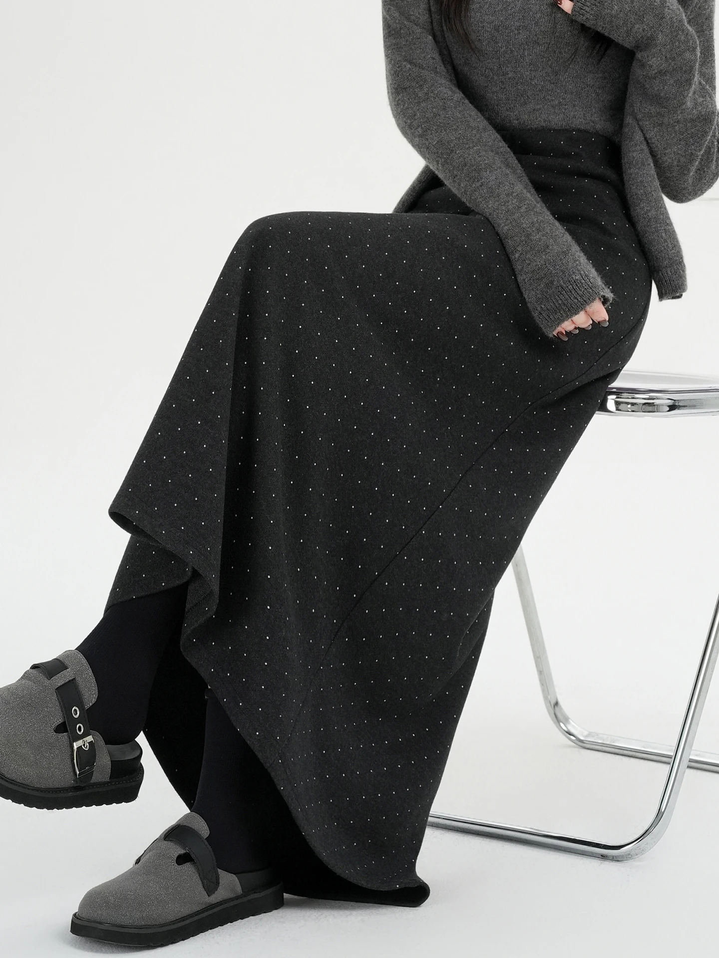 

Черная шерстяная юбка трапециевидной формы с высокой талией, женская осенне-зимняя юбка в горошек, юбка длиной до миди