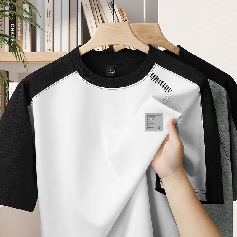 Premium T-shirt Men Clothing Heavyweight Drop Shoulder Embroidery Streetwear Loose Fit Patch Label Casual Top