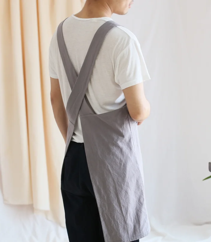 일본 남성용 린넨 앞치마 사각형 크로스 린넨 앞치마 워시드 그레이 브라운 블랙 롱 린넨 앞치마 끈 없는 가정용 청소 H2